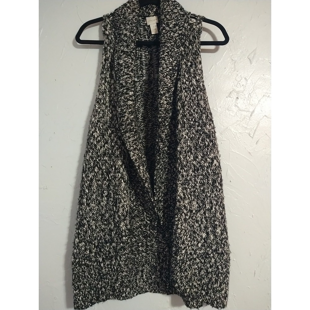 Chico's Open Cardigan Sweater Ladies Size 1 Black/White Crochet Sleeveless